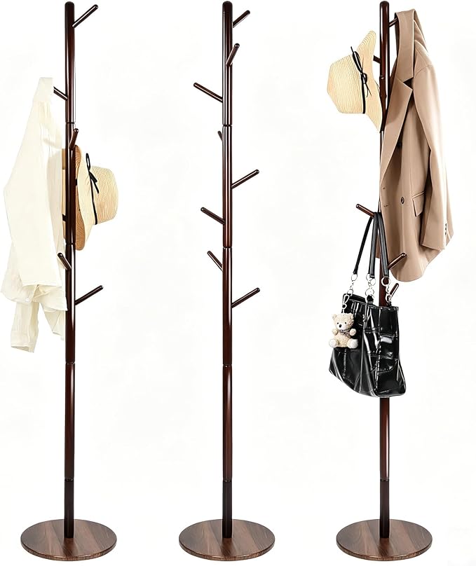 Wooden Coat Rack Freestanding, Corner Bag Purse Coat Hat Rack Tree Hanger Stand Holder Wood Modern Entryway Office Decor Furniture for Small Spaces Standing Heavy Duty Clothes Clothing Rack Hall Tree