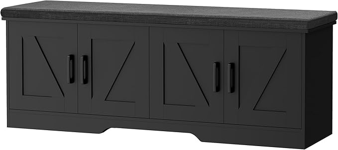 HOMSHO 2-Tier Storage Bench, 47.2" Wide Shoe Bench with Padded Seat Cushion, Entryway Bench with 4 Barn Doors and Adjustable Shelf, Black
