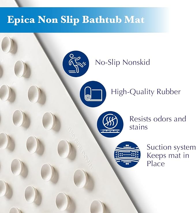Epica Non Slip Bathtub Mat | Real Rubber Bath Mat for Tub, Shower, Baby Safety, Kids, Pet Dog, Soft No-Slip Nonskid, 16” x 28
