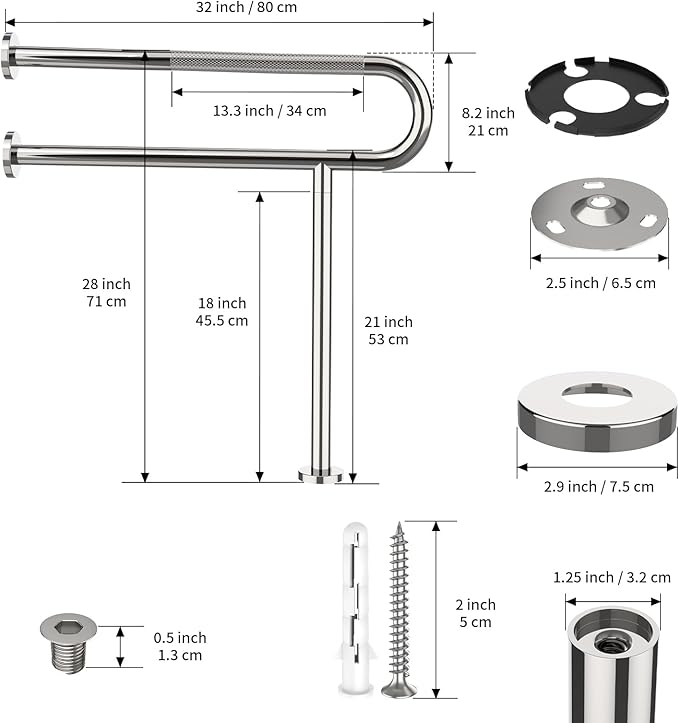 Toilet Support Rail 32 Inch, Munzong Anti-Slip Chrome Handicap Grab Bar for Bathroom, Stainless Steel Knurled Safety handrails with Leg for Elderly Disabled Pregnant-1.25’Tube