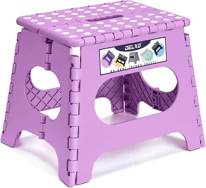 Delxo 11 inch Folding Step Stool, Non-Slip Foldable Stools Up to 300 LBS, Step Stool with Handle, Lightweight for Kitchen, Bathroom, Bedroom, Garden, Light Purple, 1PC