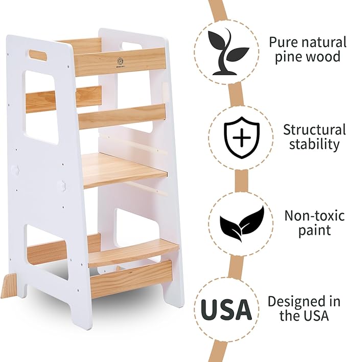 WOOD CITY Kitchen Step Stool - Safe Montessori Standing Tower for Kids with Safety Rail, Height Adjustable Toddler Ideal Helper for Learning New Skills, Anti-Slip Protection for Bathroom - White