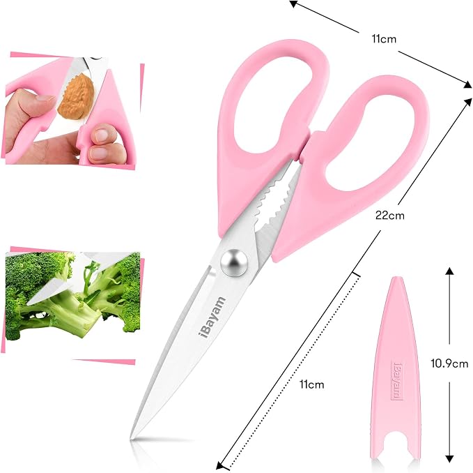iBayam All Purpose Kitchen 2 Pack Heavy Duty Food Meat Poultry Shears with Protective Sheath, Dishwasher Safe, Comfort-Grip Cute Aesthetic Scissors Gift for Women Mom Wife Her Couple Pastel Pink