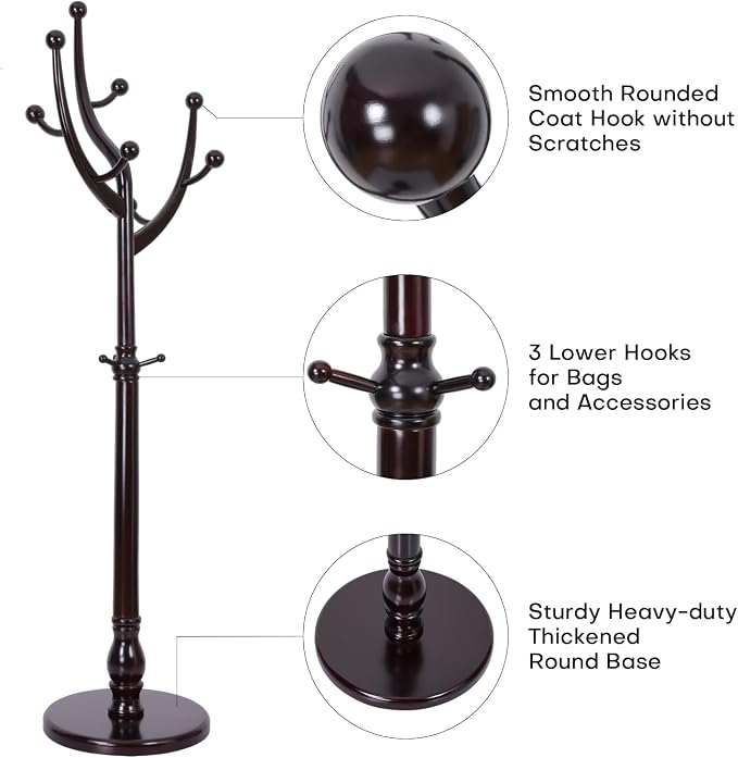 Bekrvio Tree Coat Rack Freestanding with Round Base, Unique Coat Hanger Stand, Heavy Duty Standing Coat Rack Clothes Stand for Winter Jacket, Hat, Entryway/Hallway/Bedroom, Red Brown