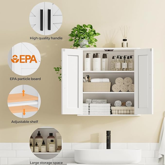 Homleke Bathroom Wall Cabinet, Over Toilet Storage Cabinet with Barn Doors and Adjustable Shelves, 3-Tier Medicine Cabinet Wall Mounted, for Bathroom, Kitchen, Entryway, Laundry Room, White, (11.8" D)