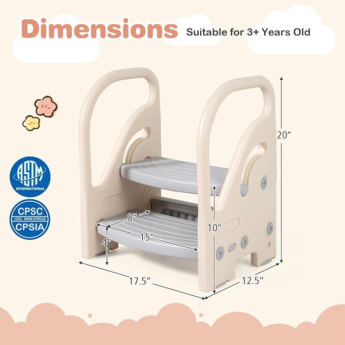 Costzon Toddler Step Stool for Bathroom Sink, Adjustable 2-Step Kids Helper Stool with Safety Handles & Non-Slip Pads, Convertible Plastic Ladder for Bedroom Kitchen Counter Potty Training, Grey