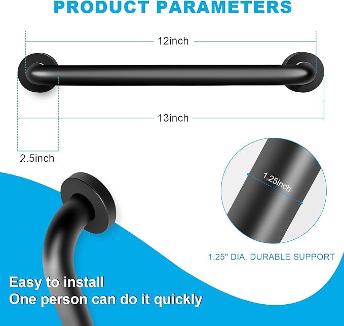 Shower Grab Bars, 2 Pack 12 Inch Heavy Duty Non-Slip Bathroom Grab Bars, 1.25" Diameter Bathroom Safety Handle for Elderly, Handicap Assist Grab Bar for Bathtub/Shower/Toilet