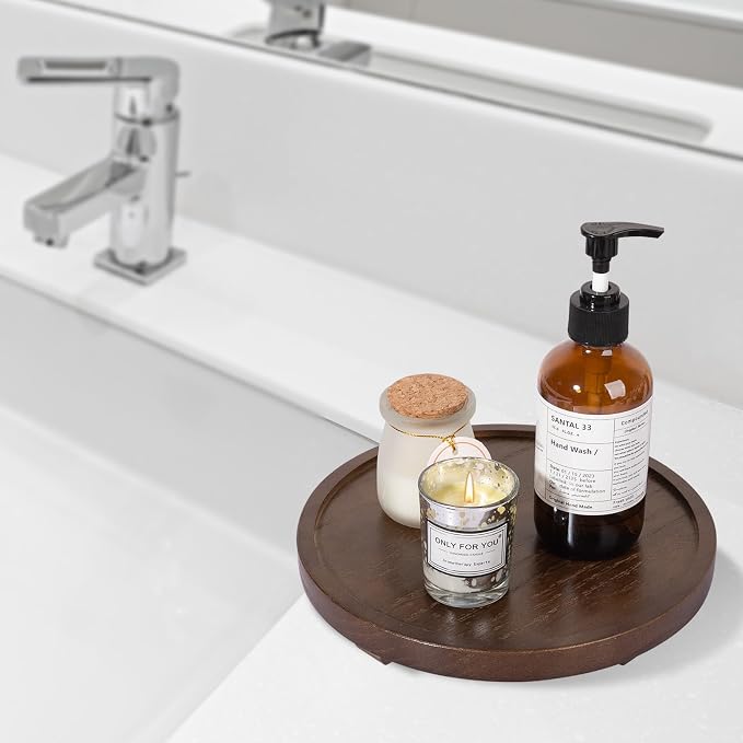 Round Decorative Tray Wood Bathroom Counter Organizer Farmhouse Kitchen Decor Wooden Riser for Soap Dish, Perfume, Candle, Sponge, 9" - Walnut
