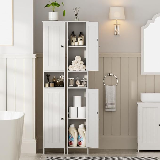 Homleke Tall Bathroom Storage Cabinet with 2 Doors, 67"H Narrow Storage Cabinet with Adjustable Shelves& Anti-Tip Design, Reversible Door Installation, Easy Assembly, 11.8 x 11.8 x 66.9 Inches, White