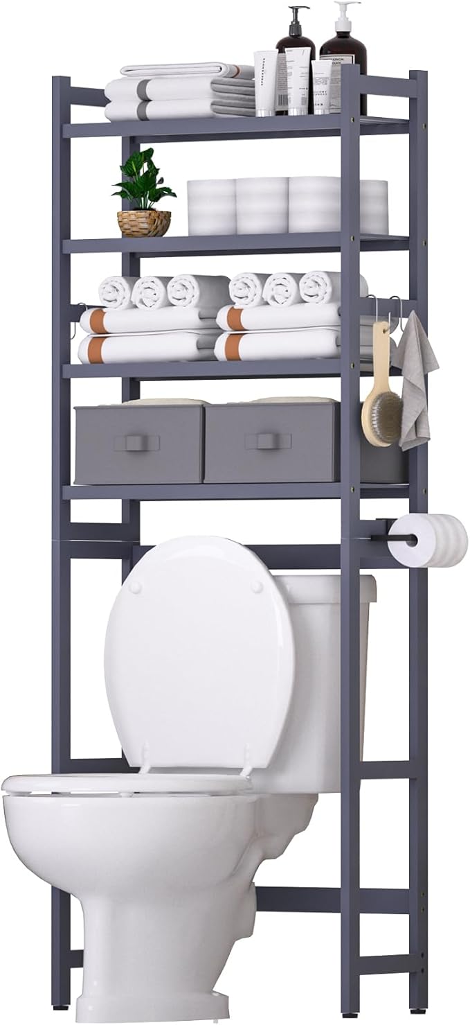 Cozivolife Over The Toilet Storage: 4-Tier Bamboo Organizer Rack with 2 Baskets & Paper Holder & 4 Hooks & Waterproof Feet Pad, Adjustable Freestanding Shelf for Bathroom (Grey)