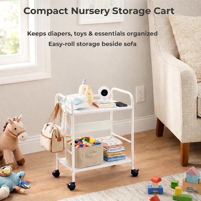 2-Tier Metal Rolling Cart, Under Desk Storage with 12.2" Shelf Clearance, Anti-Drop Guard & Hooks, Compact Utility Cart for Kitchen, Office, Laundry, Bathroom, Pantry, Living Room - White