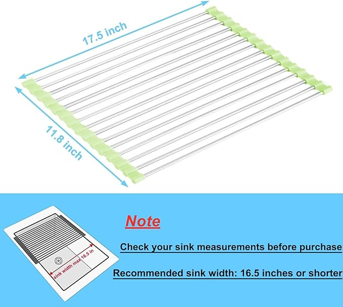 Seropy Roll Up Dish Drying Rack Over The Sink Drying Rack for Kitchen Counter, Rolling Dish Rack Over Sink Mat, Foldable Dish Drainer Stainless Steel Rack Kitchen Organization Green 17.5"x11.8"