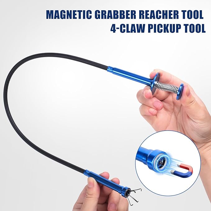 Grabber Reacher Tool, Flexible Magnetic Pickup Tool with 4-Claw Gripper & Spring-Loaded Handle, Pickup for Bathroom, Engine Bay, Kitchen & Sewers (24 inch) (Blue Magnetic Pickup Tool)