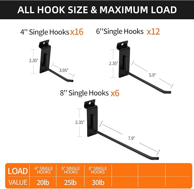 Slatwall Hangers & Hooks 34 Pcs 4-8 Inch, Metal Slatwall Paneling Hooks for Garage, Shop, Retail Display (Black)
