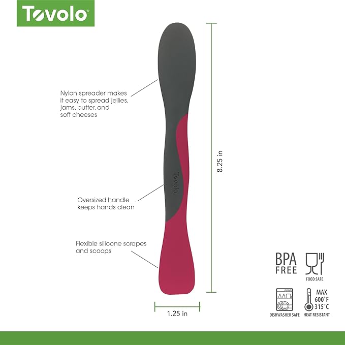 Tovolo Mini Scoop and Spread Tool for Kitchen Meal Prep Small Sandwich Spreader Spatula for Peanut Butter Jelly, Silicone BPA Free Dishwasher Safe Scooper Spreader, Charcoal Gray and Viva Magenta