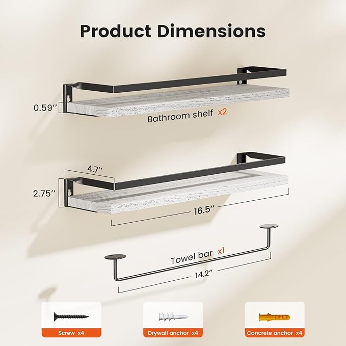AMADA HOMEFURNISHING Bathroom Shelves with Towel Bar, Floating Shelves, Wall Shelves for Bathroom/Living Room/Kitchen/Bedroom, White, Set of 2 - AMFS01W