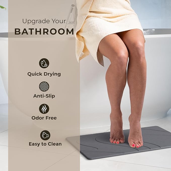 TOSORO - Stone Bath Mat Diatomaceous Earth Shower Mat Non-Slip Super Absorbent Diatomite Stone Bath Mats for Bathroom Floor Quick Drying Natural Easy to Clean (23.5 x 15) - Graphite