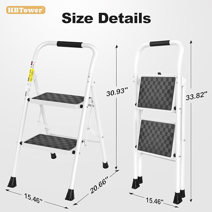 HBTower Step Ladder, Folding Step Stool with Wide Anti-Slip Pedal, Sturdy Steel Ladder, Convenient Handrail, Lightweight, Portable Steel Step Stool