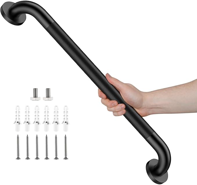 Black Grab Bar 24 Inch, iHansee Anti-Slip Bathroom Grab Bar w/Knurled Grip, Stainless Steel Safety Handrail for Toilet Bathtub Shower, Wall Mounted Matte Black Handicap Bars Handle for Senior Elderly