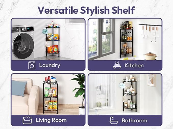 SWTYMIKI Standing Shower Caddy Corner - 3‑Tier Stainless Steel Shower Organizer Shelf with 12 Hooks and Adhesive Pads, Rustproof Corner Shelves Stand Rack for Bathroom Shower Room, Black