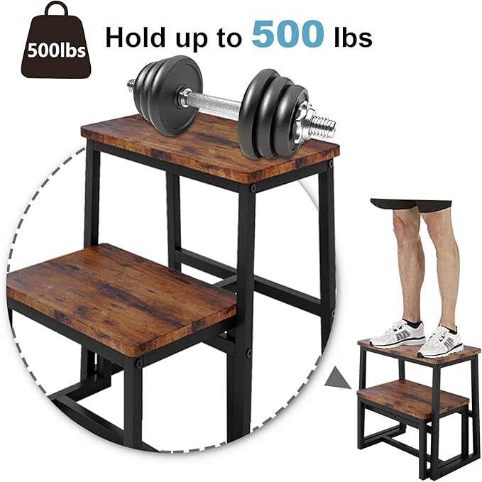 Step Stool for Adults, Hold up to 500Lb, 3 in1 Heavy Duty Sturdy Wooden 2 Step Stool for Kichen/Bathroom/High beds, Metal Frame, Non-Slip Pads