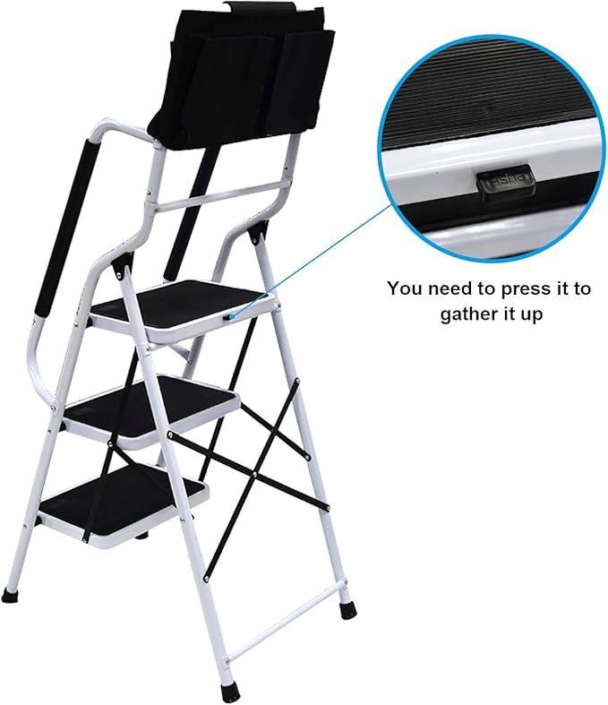 Wiberwi 3 Step Ladder with Handrails 500 lb Capacity Step Stool Folding Portable Ladders for Home Kitchen Steel Frame with Non-Slip Wide Pedal Stepladder with Attachable Tool Bag White
