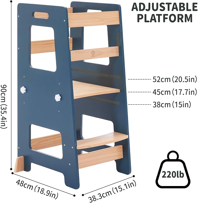WOOD CITY Kitchen Step Stool - Safe Montessori Standing Tower for Kids with Safety Rail, Height Adjustable Toddler Ideal Helper for Learning New Skills, Anti-Slip Protection for Bathroom - Deep Blue