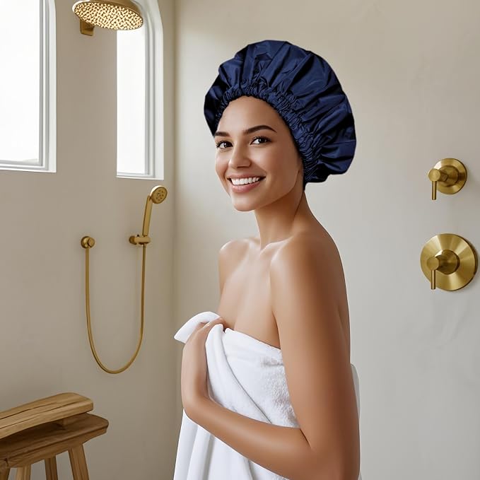 Reusable Shower Cap for Women, Large Waterproof Shower Bonnet with Elastic Band, Washable Bath Hair Cap for Long, Curly Hair, Braids, Daily Shower, Home Spa, Travel(Black&Navy)
