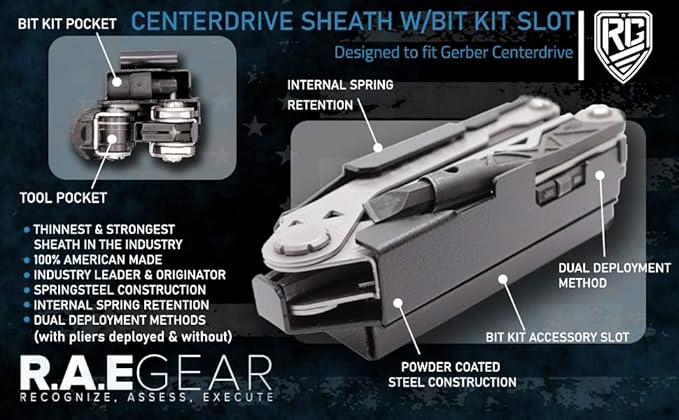 RAE Gear - Center-Drive Sheath Compatible with Gerber Centerdrive Multitool (Tool & BITS NOT Included) (with BIT KIT Pocket) 1.5" Spring Steel Belt Clip
