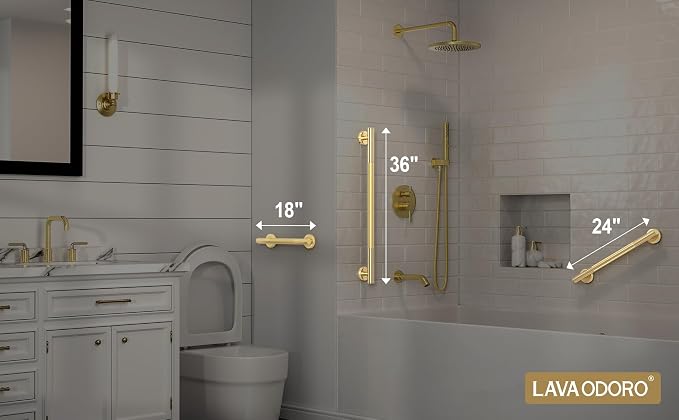Lava Odoro Gold Shower Grab Bars, 3 Pack Stainless Steel Bathroom Safety Grab Bar 36" 24" 18", Upgrade Anti-Slip Knurling Shower Grab for Bathtub, Shower Handle for Elderly and Handicap, ADA Compliant