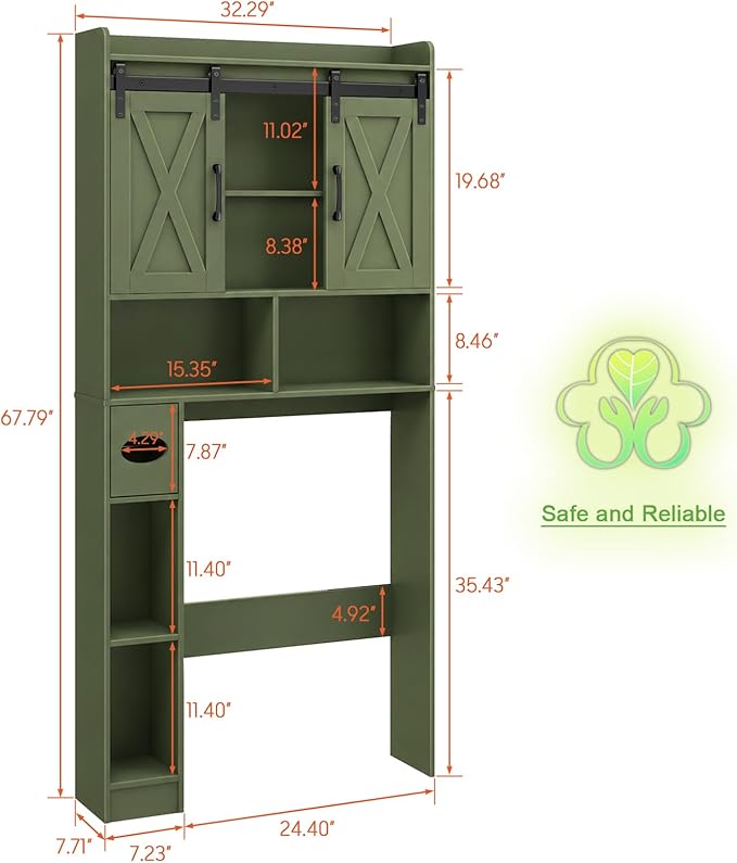 Vabches Over The Toilet Storage Cabinet, Farmhouse Storage Cabinet Over Toilet with Sliding Doors，Home Space-Saving Toilet Rack, for Bathroom, Restroom, Laundry, Green
