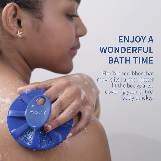 Silicone Body Scrubber, BEAUTAIL Shower Bath Scrubber, More Hygienic Than Traditional Loofah, Lather Nicely, Long Lasting, Gentle Exfoliating Brush for Women Men Baby Sensitive Skin, 1 Pack, Blue