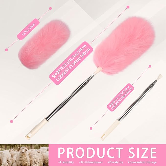 Extendable Lambswool Duster Stainless Steel Handle 133" Removable Feather Duster for Cleaning Ceiling Fans Interior Roof Furniture, Pink
