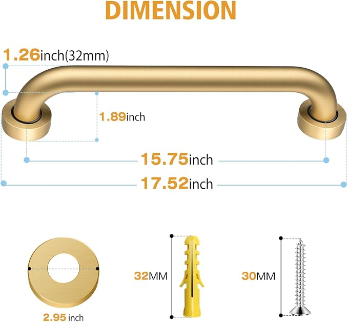 16 Inch Shower Grab Bar, 500 lb Heavy Duty Brushed Gold Stainless Steel Safety Rail for Bathtubs and Showers – Anti Slip Bathroom Grab Bar for Elderly Handicap Senior, Screw Mount Assist Handle