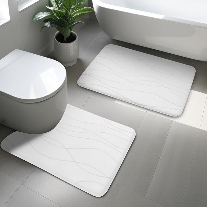 YIHOUSE Memory Foam Bathroom Rug Sets, White, 2 Piece-U Shape & Small Mat | Ultra Soft, Absorbent, Non-Slip, Machine Washable