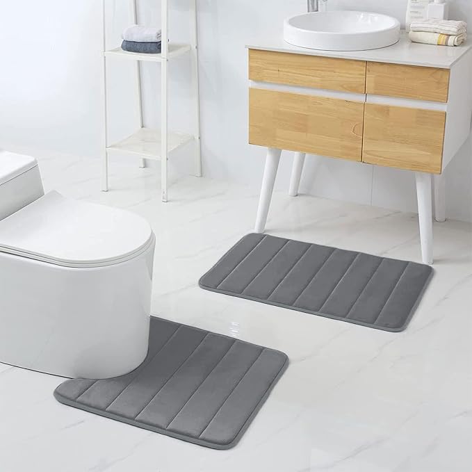 Buganda Memory Foam U-Shaped Contour Toilet Rugs, Non Slip Absorbent, Thick Soft Washable Bathroom Mat, Floor Carpet Bath Rugs Mat for Toilet Base (20" x 20", Grey)