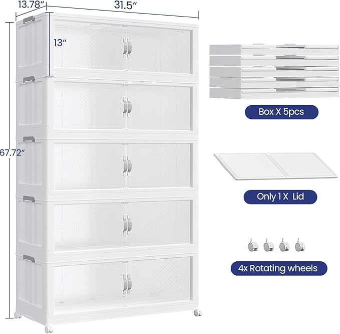 800QT Extra Large Stackable Storage Bins with Lid, 200Gal Plastic Closet Organizers and Storage Drawer, Collapsible Cabinet Box with Wheels Clear Doors for Home Kitchen Office, 5Pack White