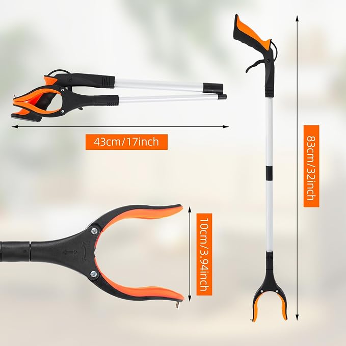 Grabber Reacher Tool, 2 Pack 32" Foldable Lightweight Trash Claw Grabbers for Elderly, 360° Rotating Head Wide Jaw Reaching Tool for Trash, Pick Up Stick (Orange)