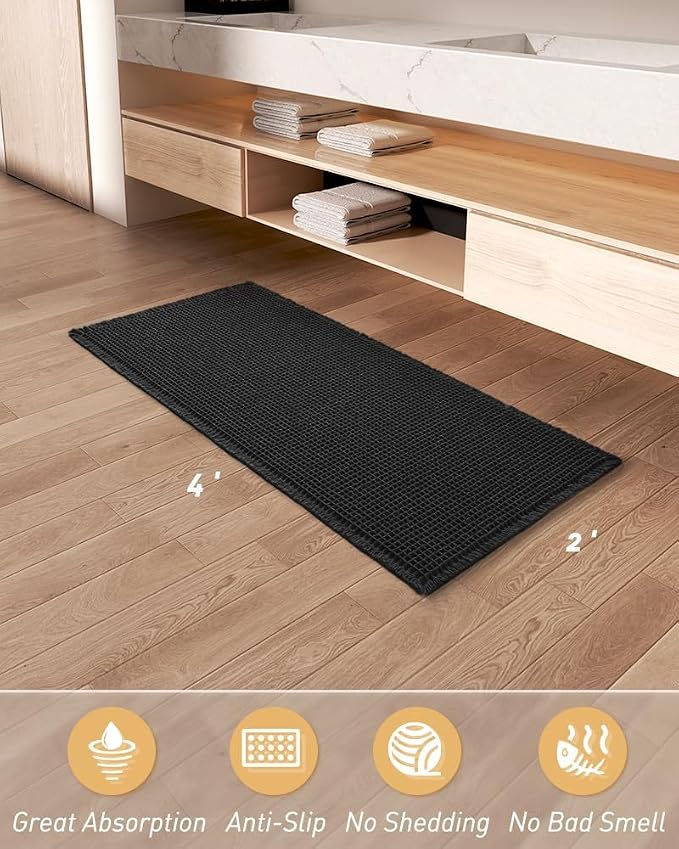 AMOAMI Upgraded Waffle Runner Rug, Super Absorbent Non Slip Bath Mats for Bathroom Floor, Washable Bathroom Runner Rug with Tassels, Ideal for Hallway Bedroom Laundry Room, Black, 2'x 4'(24" x 48")