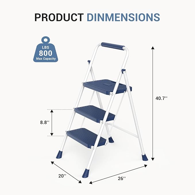 DUMOS Step Ladder, 3 Sturdy Step Stool with Anti-Slip Pedal & Comfortable Handrail, Portable Heavy Duty Step Stool for Kitchen, Garage & Outdoor Use, 800lbs, Calm Blue