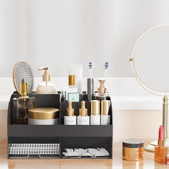 Makeup Organizer with Drawers, Cosmetic Storage for Dresser Vanity and Bathroom Countertop, Beauty Holder for Lipstick Brush, Skincare Organizer for Vanity, Cosmetic Display Case (Black-2Pack)