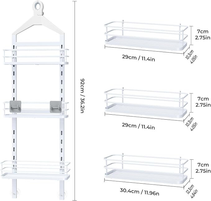 ODesign 3 Tier Height-Adjustable Shower Caddy Hanging Anti-Swing-Over The Shower Head Caddy-Storage Organizer Bathroom Shelves Basket - White