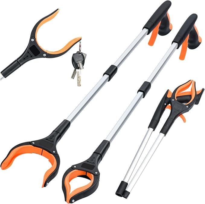 2-Pack Grabber Reacher Tool,32 Inch Extra Long Foldable Pick Up Stick with Strong Grip Magnetic,360°Rotating Anti-Slip Jaw,Trash Claw Grabber Tool,Trash Picker Tool for Outdoor & Indoor (Orange)