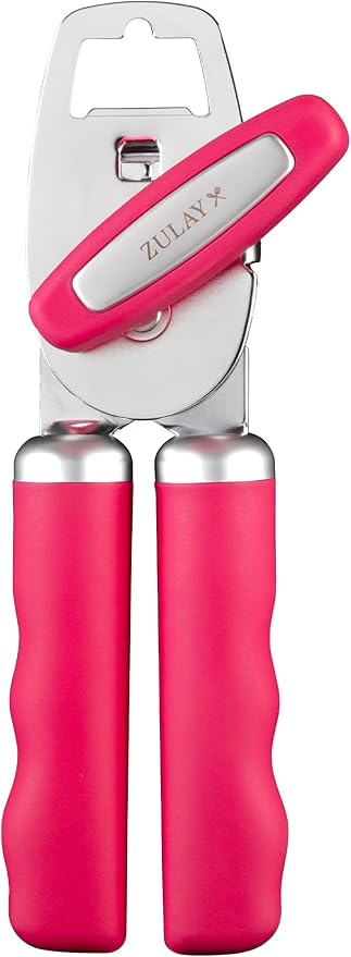 Zulay Kitchen Heavy Duty Stainless Steel Can Opener Manual with Bottle Opener - Rust Proof Manual Can Opener With Turn Knob & Comfy Soft Grip Handles - Dragonfruit