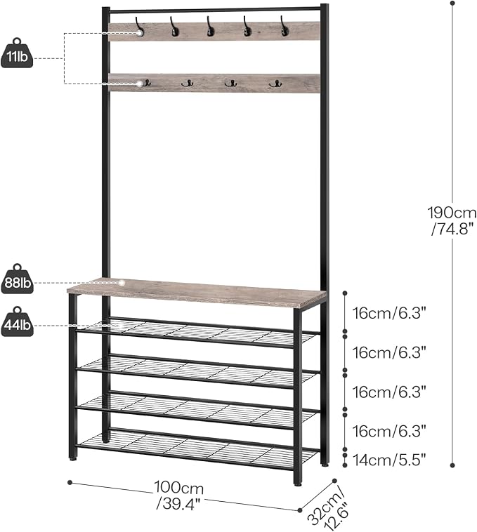 HOOBRO Hall Tree, Coat Rack with Shoe Rack, 39.4" Hall Tree with Bench, 5 Tier Shoe Storage Organizer with 9 Hooks for Entryway, Closet, Sturdy, Industrial, Greige and Black BG801MT01