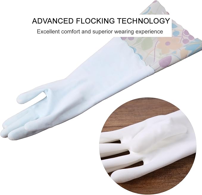 Bamllum 3 Pairs Rubber Cleaning Gloves, Household Kitchen Dishwashing Gloves with Cotton Flocked Liner, Long Cuff 16 Inches, Reusable, Non-Slip (Large, Blue+Pink+White)