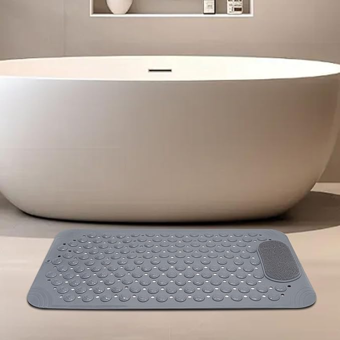 Bath Tub Shower Mat, 27x14 inch Non Slip Bathtub Mat with Suction Cups, Anti Slip Shower Mat with Drain Holes Suction Cups,Shower Foot Scrubber Mat, Foot Massage Bath Mat (Grey)