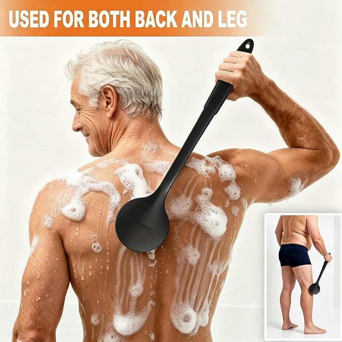 Long Handle Shower Back Scrubber,15.75 Inch Ergonomic Curved Brush with 3 Replaceable Heads with Soft and Firm Bristles,Silicone Handle for Easy Back Cleaning and Exfoliation,Bath Body Brush(Black)