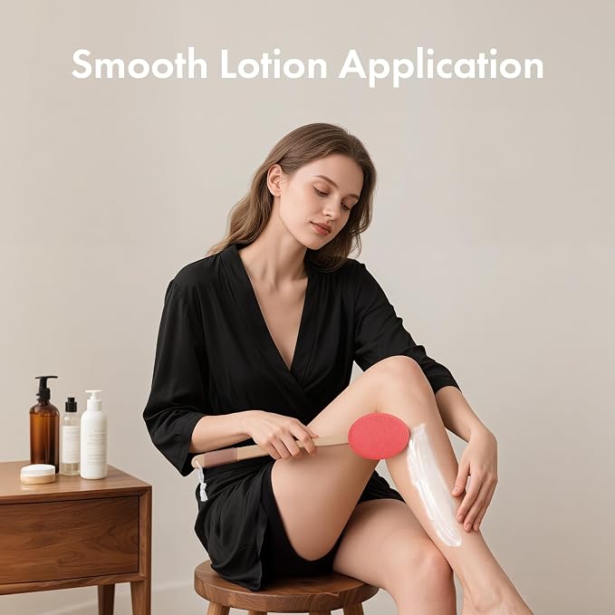 AmazerBath Lotion Applicator for Back, Feet, 4 Replacement Pads with 17" Curved Handle, Back Sunscreen Applicator for Kids, Elderly, Women, Apply Skin Cream Medicine Moisturizer Tanner, Rose Red
