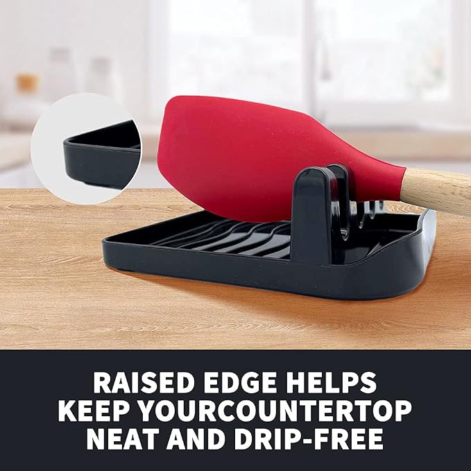 2 Pack Multiple Utensil Spoon Rest with Drip Pad Non-Slip Heat Resistant Kitchen and Grill Spoon Holder for Spatula, Ladle, Tongs, Kitchen Gadgets, and Cooking Accessories (Bright Black)